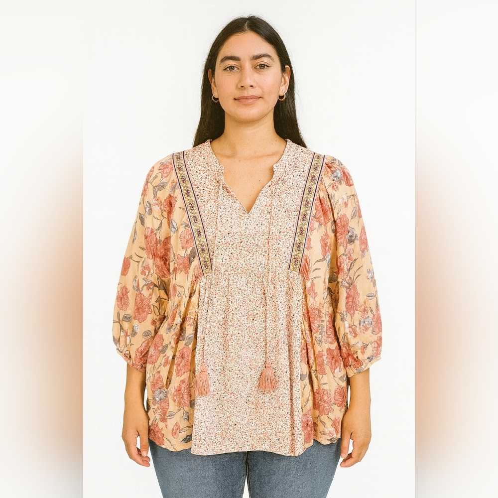 Gigio USA Womens Floral Embroidered Aztec Cottage Western Peasant Top Size‎ M